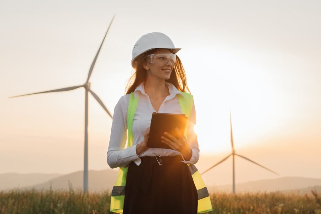 Woman in helmet working with tablet at renewable energy farm