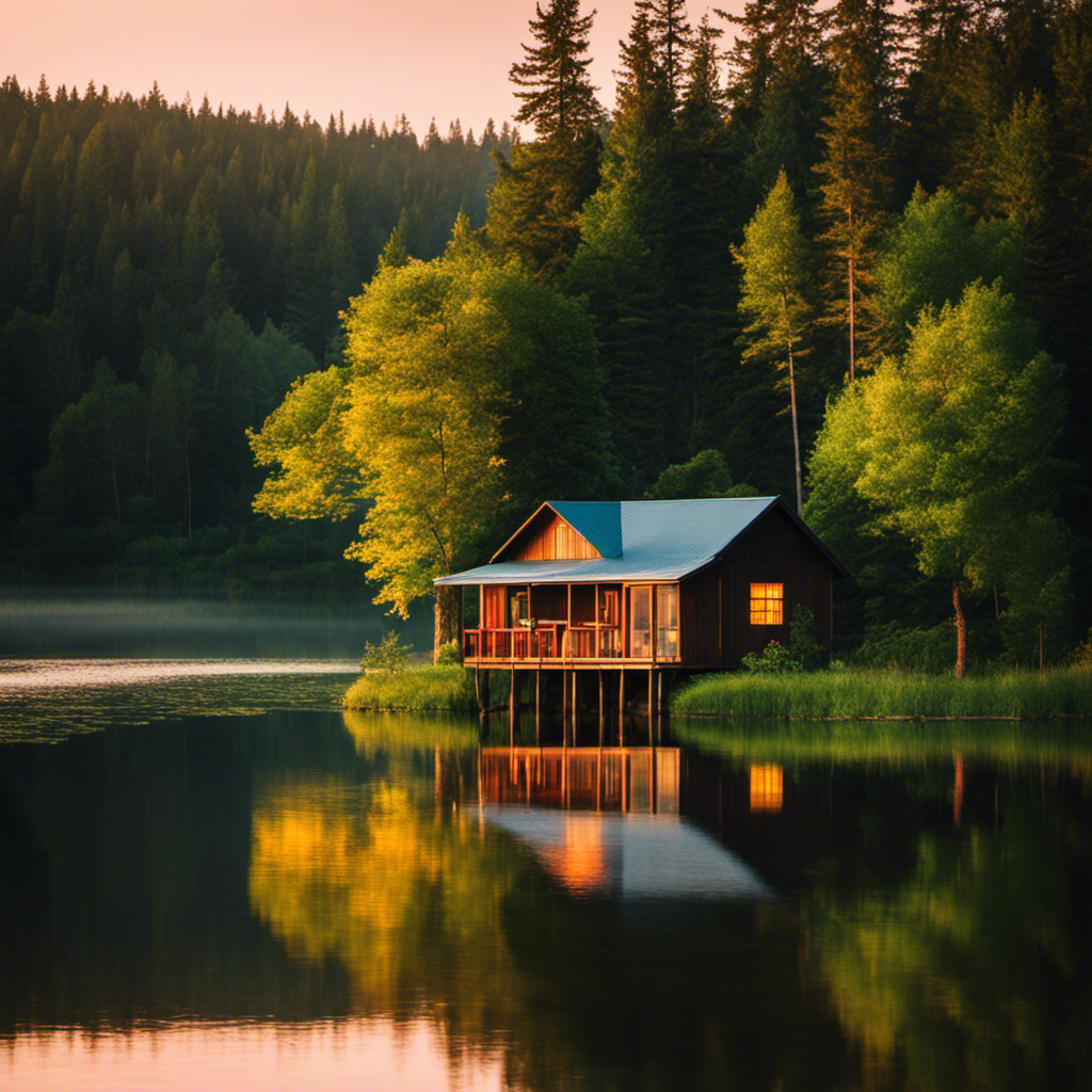 E lake nestled amidst lush trees, reflecting the vibrant hues of a setting sun