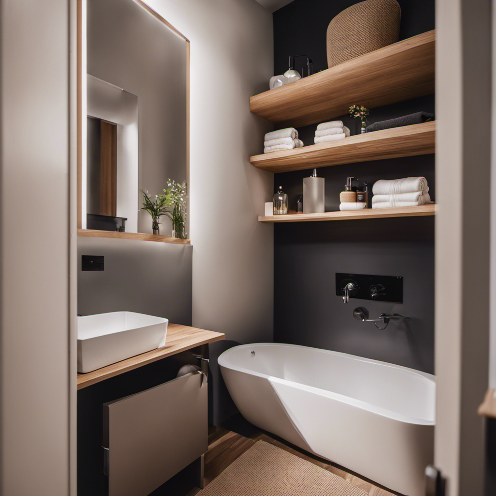 An image capturing a compact bathroom in a tiny home, showcasing a sleek, space-saving design