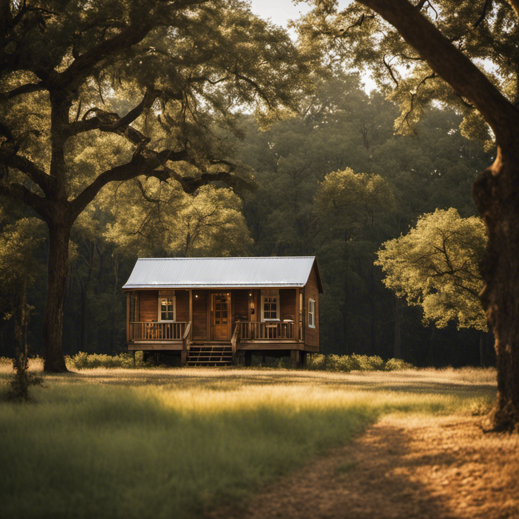 An image showcasing a picturesque Mississippi landscape, with a charming tiny home nestled among towering oak trees, highlighting the craftsmanship of Tiny Home Builders Mississippi