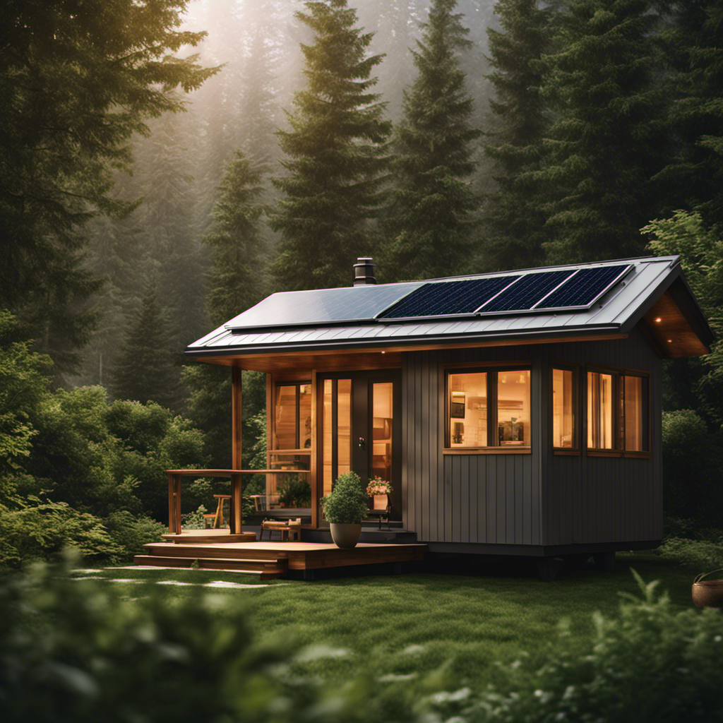 An image showcasing a cozy, minimalist tiny home nestled among lush green surroundings