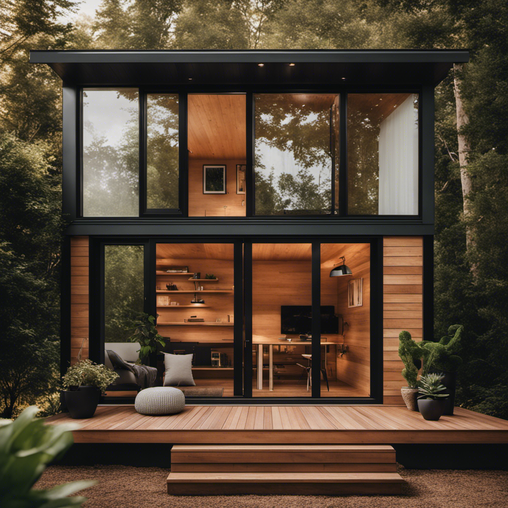 An image showcasing a cozy, minimalist tiny home with sleek lines and large windows, nestled amidst lush greenery