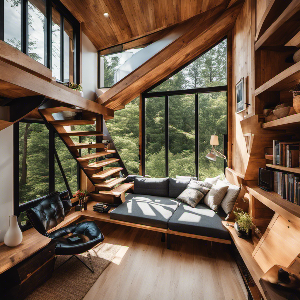 An image showcasing the ingenious vertical design of a tiny home: a stunning double-height living area with floor-to-ceiling windows, a loft bedroom nestled under an exposed beam ceiling, and a cozy reading nook tucked beneath a skylight