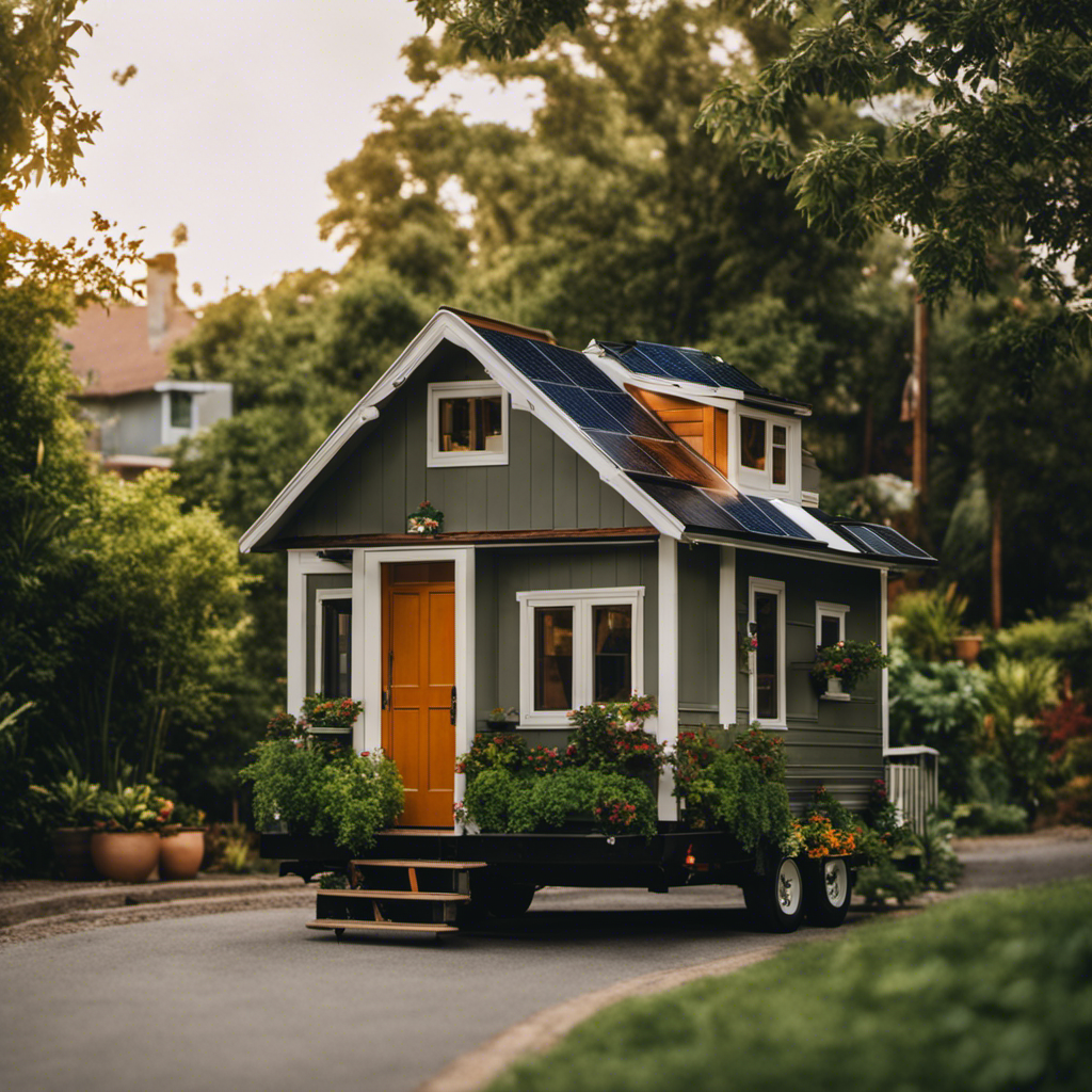 An image showcasing a serene neighborhood, where a picturesque tiny home sits on wheels, adorned with solar panels, surrounded by lush greenery, and complying with zoning regulations