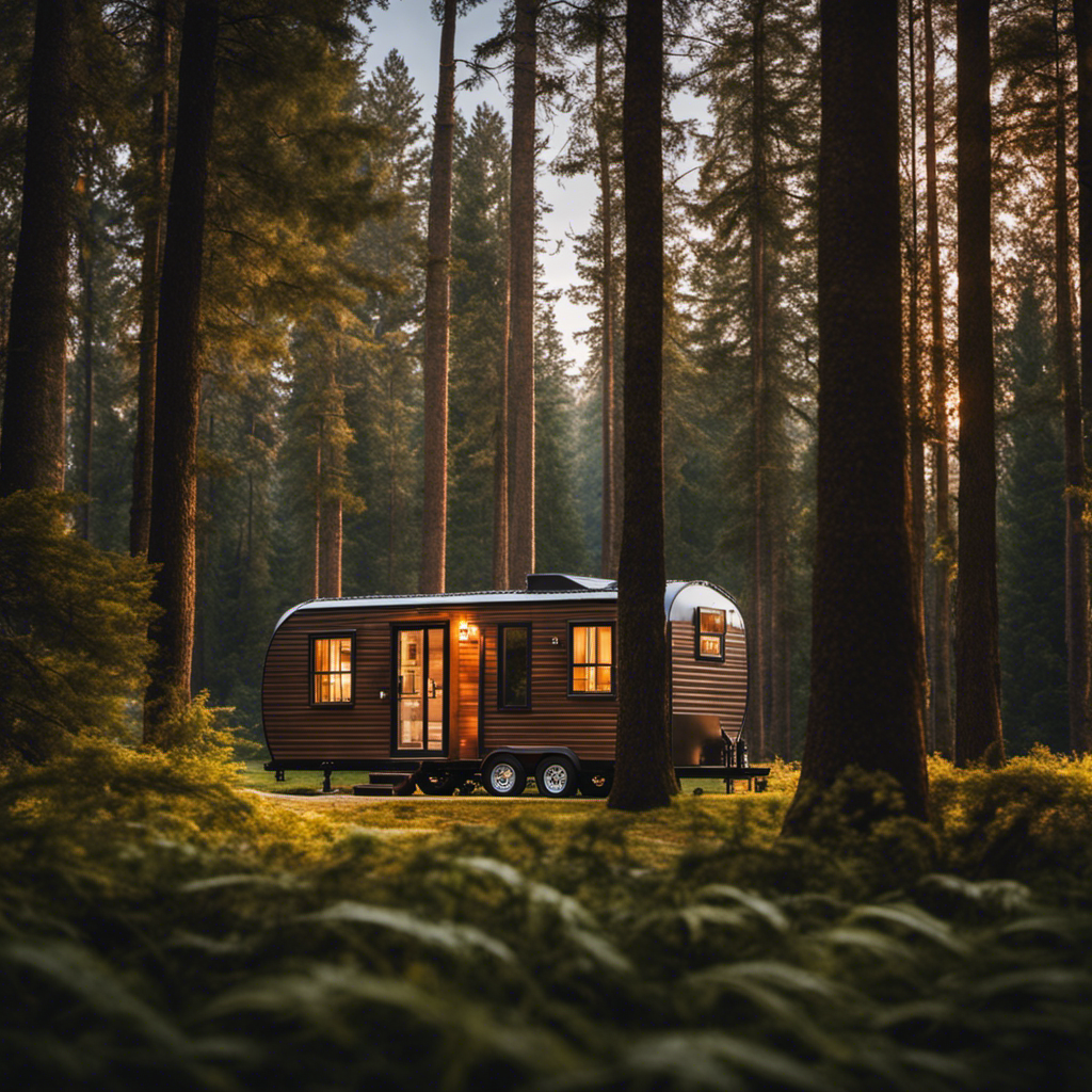 An image showcasing a quaint, compact tiny home trailer nestled amidst a serene woodland backdrop