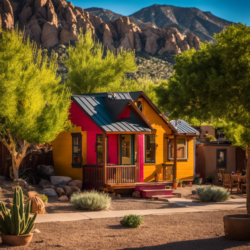 An image showcasing the charming essence of Albuquerque's Tiny Homes: a cluster of vibrant, adobe-inspired dwellings nestled beneath the majestic Sandia Mountains, their compact design accentuated by colorful desert gardens and cozy outdoor seating areas