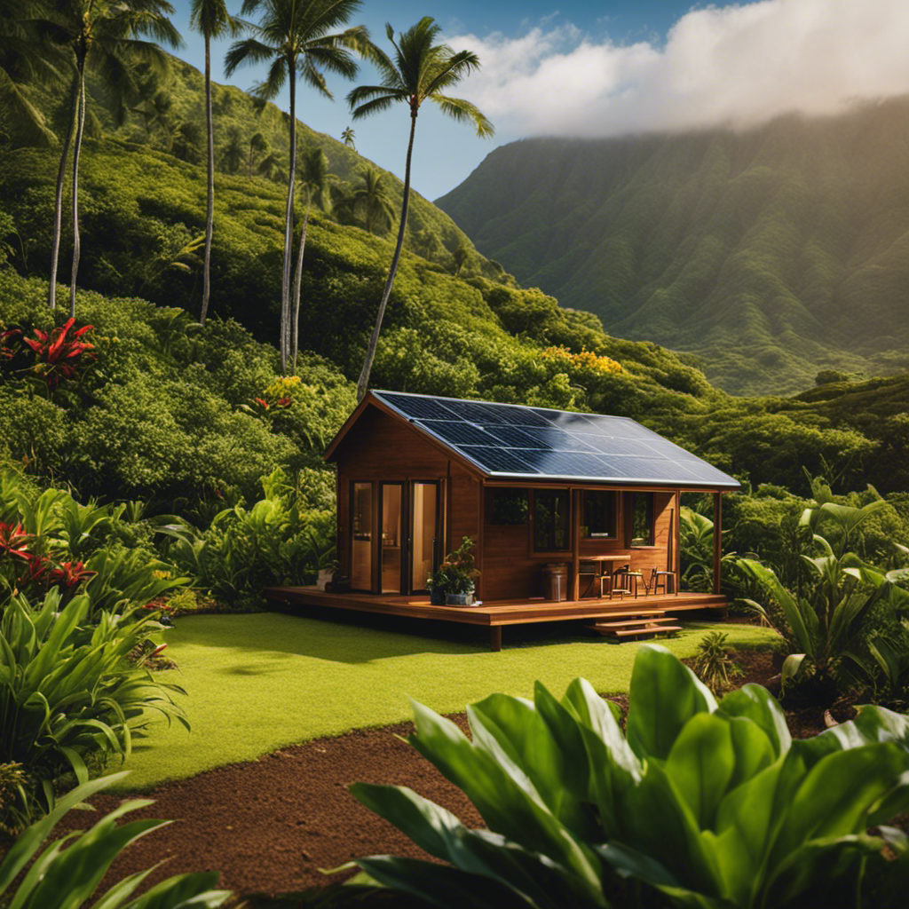 An image showcasing a picturesque Hawaiian landscape, with a tiny home nestled among lush greenery