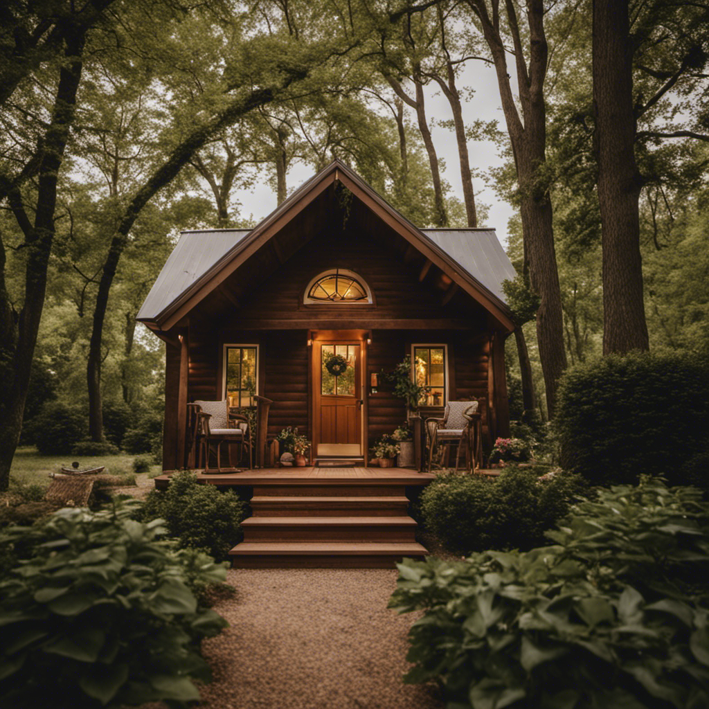 A captivating image showcasing Indiana's tiny home movement: a cozy, handcrafted wooden cabin nestled among towering oak trees, its quaint porch adorned with potted plants and a welcoming rocking chair
