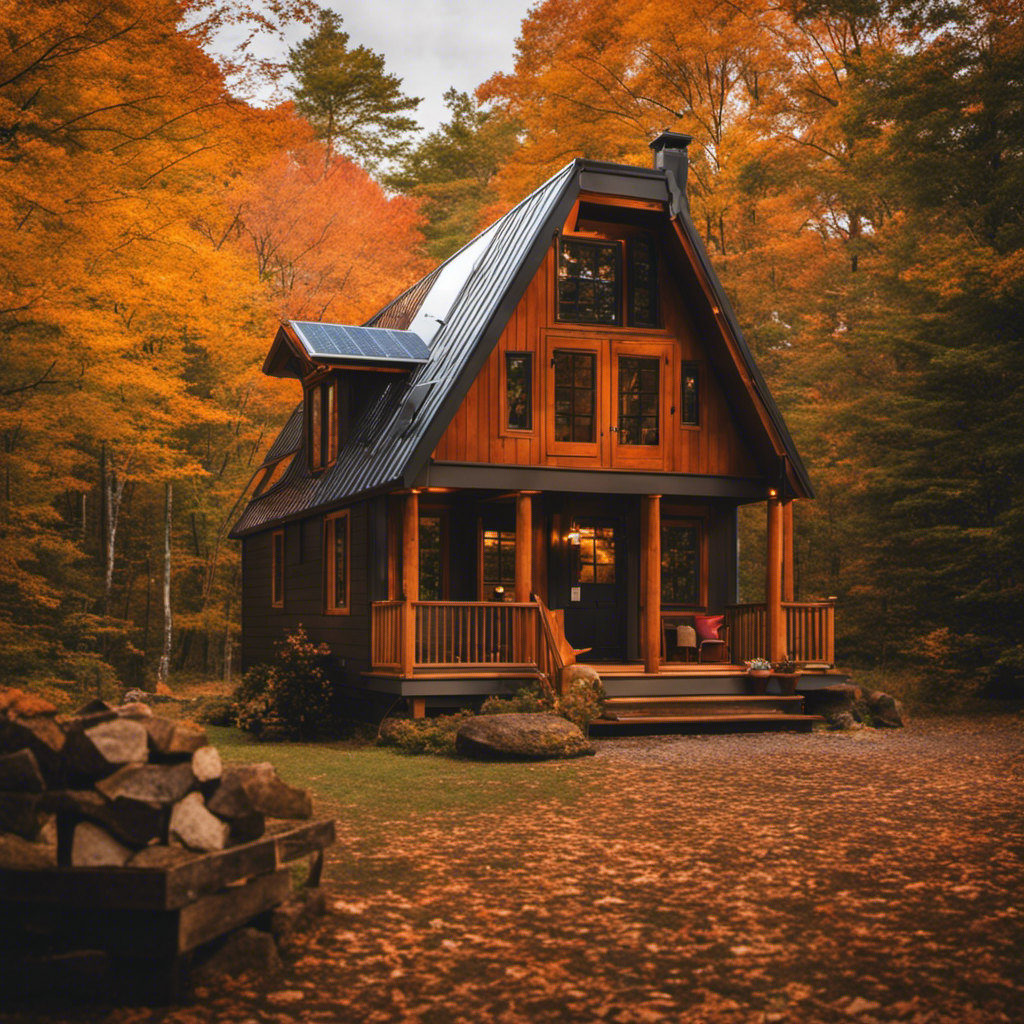 An image showcasing a cozy, eco-friendly tiny home amidst the breathtaking autumn foliage of Massachusetts