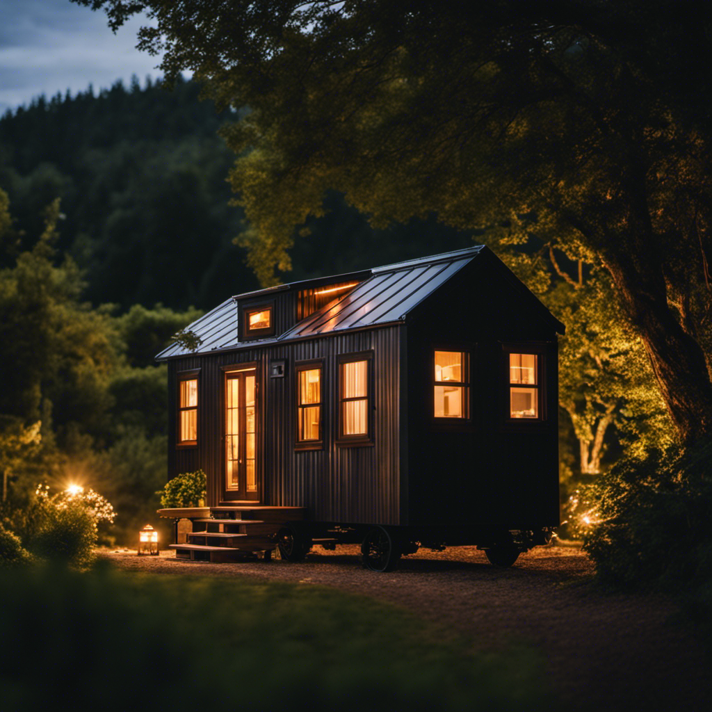 A striking image showcasing a cozy, compact tiny home under a starlit sky, nestled amidst lush greenery