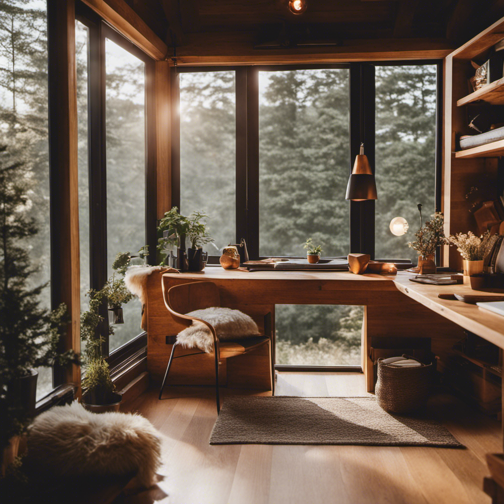 An image that showcases the essence of tiny house living: a cozy, minimalist space adorned with functional multi-purpose furniture, clever storage solutions, and large windows inviting nature indoors