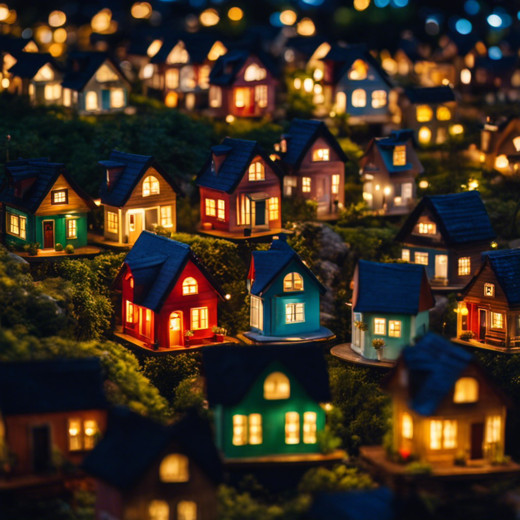 An image showcasing a cluster of charming, colorful tiny houses lined up along tranquil cobblestone streets