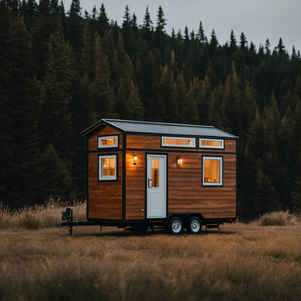 An image showcasing a cozy, minimalist tiny house on wheels, measuring 200 square feet, with a charming loft bedroom, a compact kitchen, a cozy living area, and a cleverly designed storage space