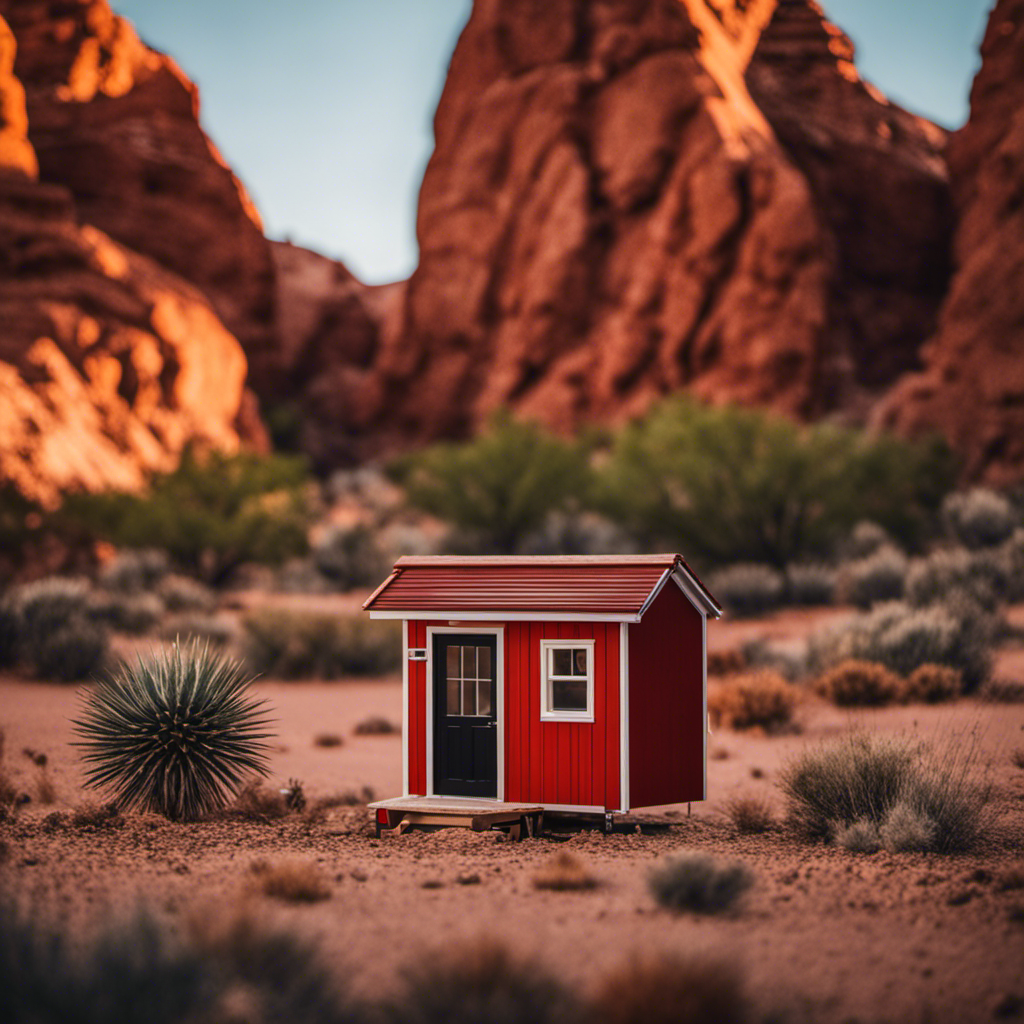 An image showcasing the vibrant desert landscape of Nevada, with a picturesque tiny house nestled among towering red rock formations, reflecting the state's unique laws and regulations surrounding these compact dwellings