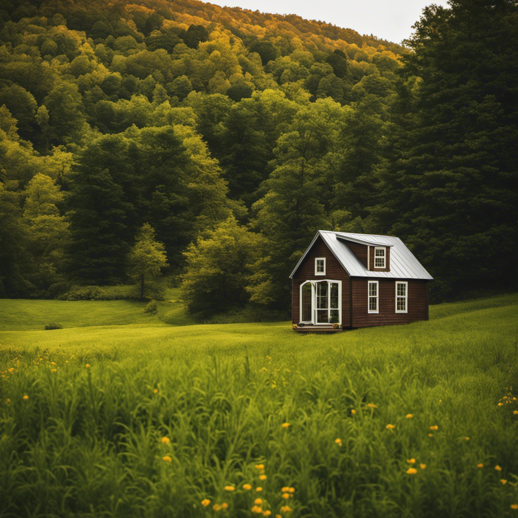 An image showcasing a serene, picturesque countryside setting in upstate New York, with rolling hills, a lush green landscape, and a charming tiny house nestled among towering trees, symbolizing the harmonious coexistence of tiny house living within the state's laws