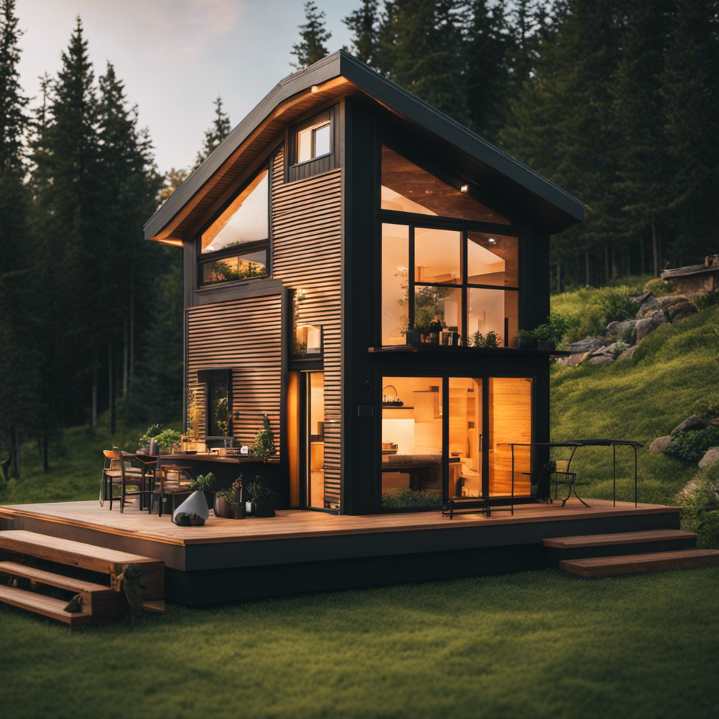 An image showcasing a charming tiny house amidst a picturesque landscape, cleverly designed to maximize vertical space