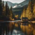 An image showcasing a serene landscape, with a sprawling forest in the background and a picturesque river flowing nearby, while a single tiny house, no larger than a cozy cabin, sits nestled amongst towering trees