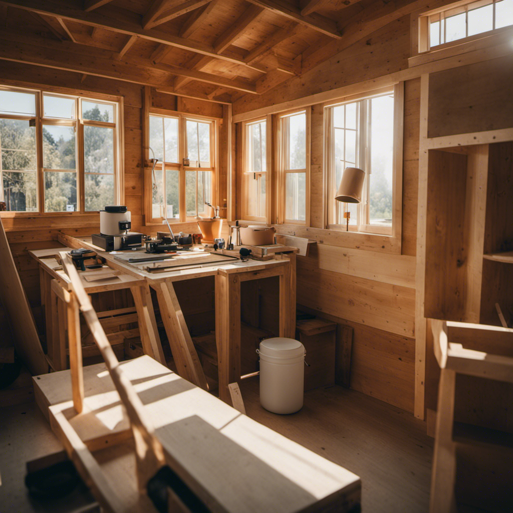 An image capturing the process of constructing a tiny house shell, showcasing a skilled carpenter meticulously framing the structure, sunlight gently filtering through the open walls, and a palette of raw materials waiting to be transformed into a cozy living space