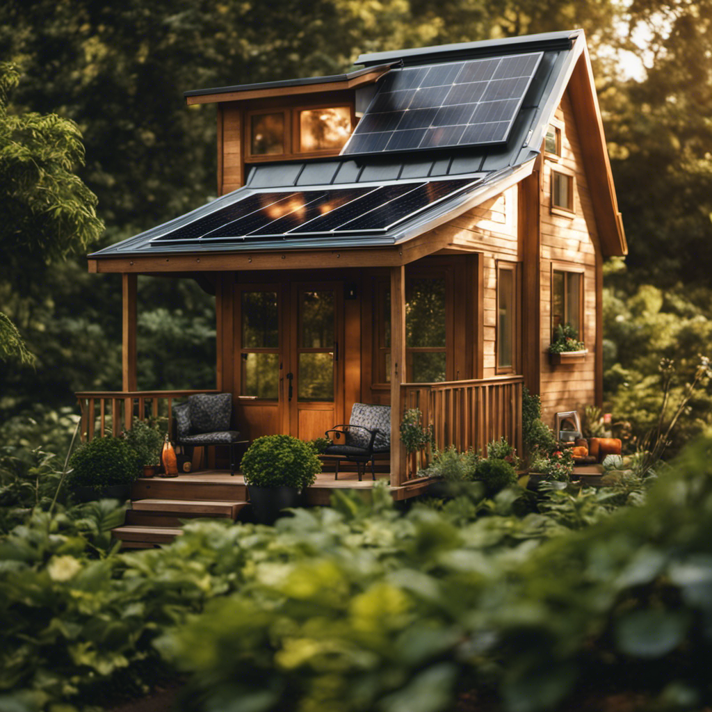 An image showcasing a cozy, sun-kissed tiny house surrounded by lush greenery