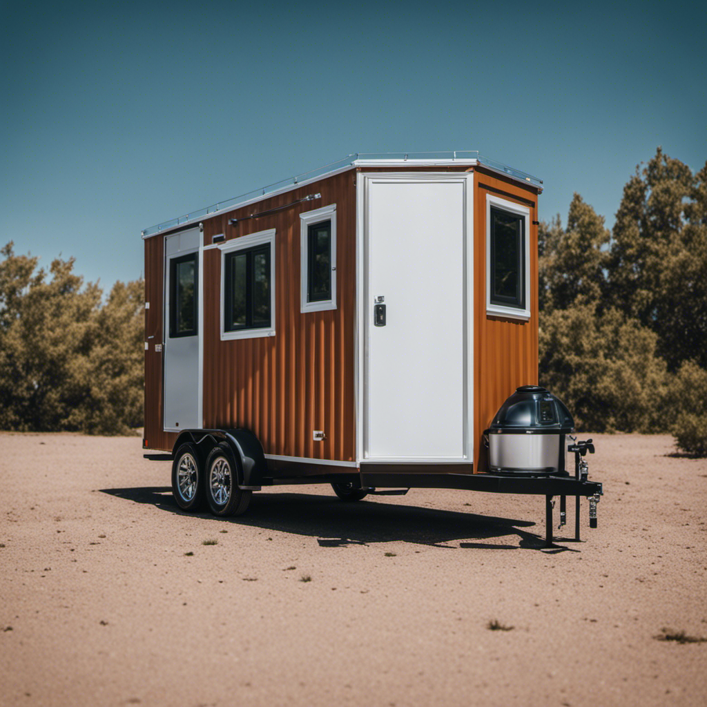 An image that showcases a tiny house trailer parked under a clear blue sky