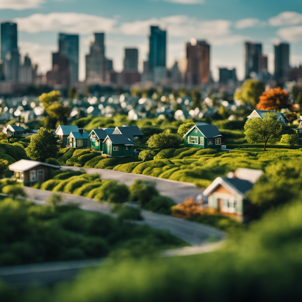 An image showcasing a diverse landscape with dotted green spaces representing tiny home communities, juxtaposed against a backdrop of city skylines