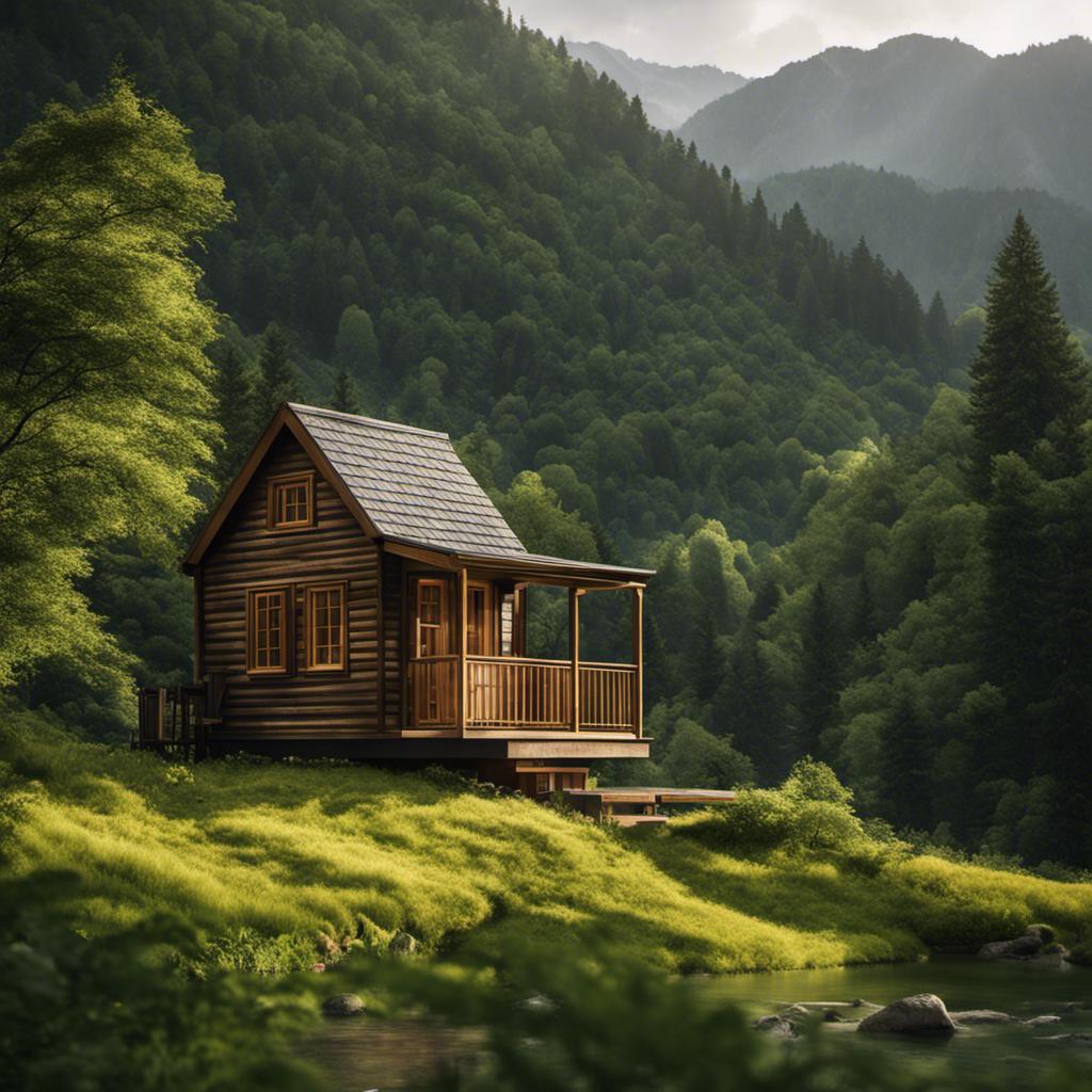 An image that showcases the perfect spot for a tiny house: nestled in a lush green forest, with towering trees providing shade, a babbling creek nearby, and a picturesque mountain backdrop