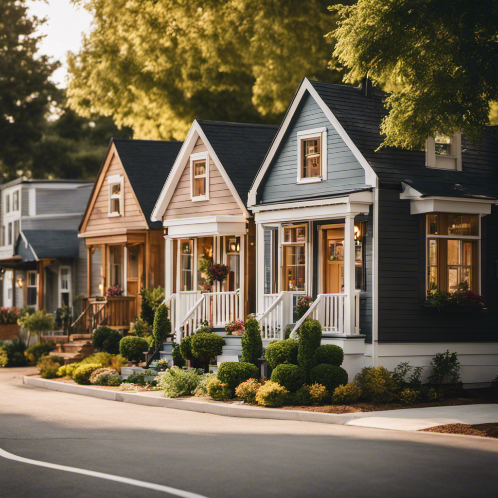 An image showcasing a picturesque neighborhood street with quaint tiny homes nestled on beautifully landscaped lots
