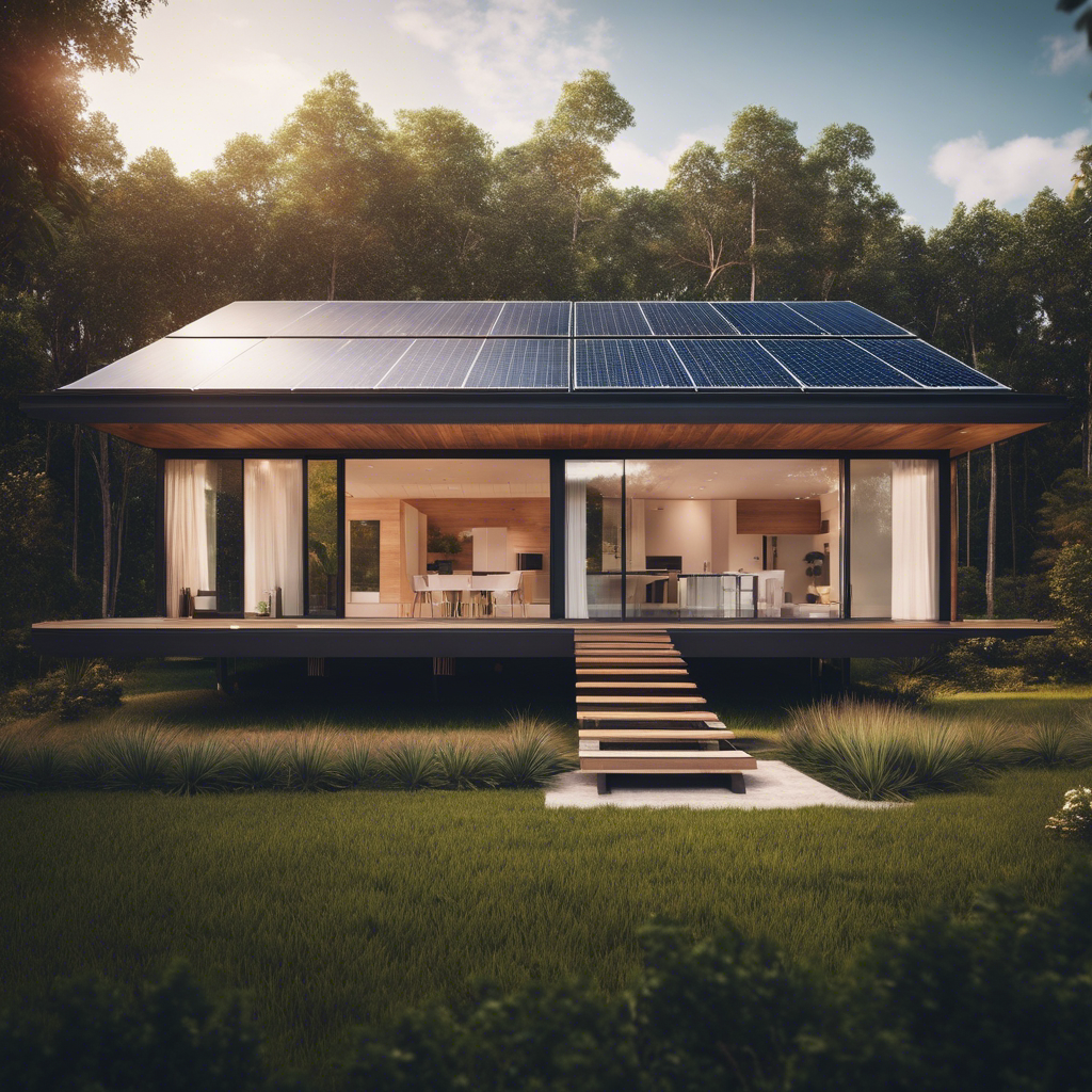 An image showcasing a modern, hurricane-proof home with sleek solar panels, thick insulated walls, and energy-efficient windows, highlighting its cost-effective and environmentally friendly design