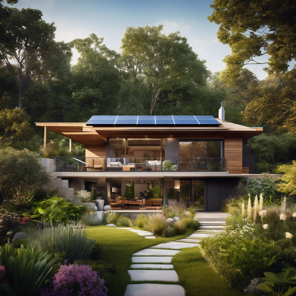 An image showcasing the LEED certified home's outdoor design features: a sleek, energy-efficient solar panel array seamlessly integrated into the roof, a lush rain garden with native plants, and a sturdy hurricane-proof patio with stylish furniture