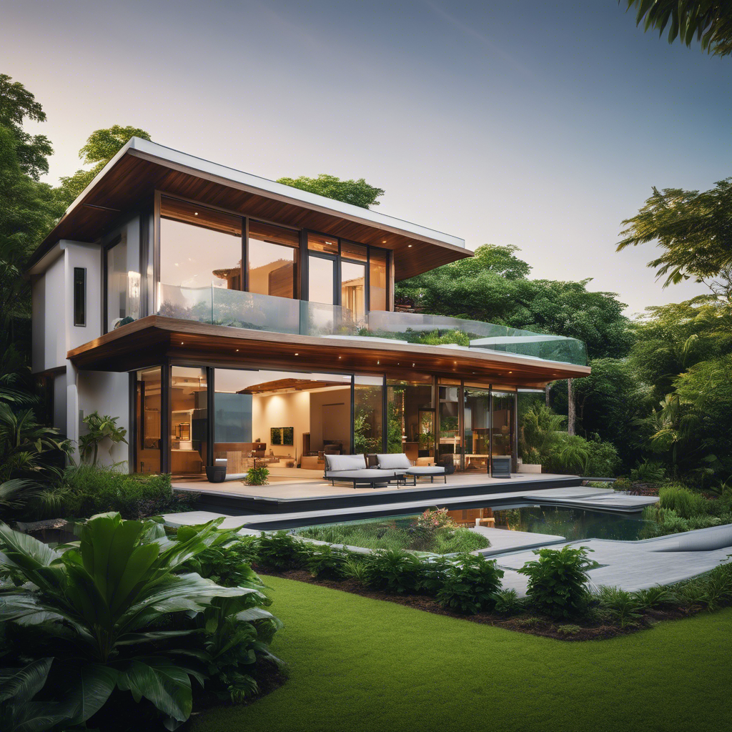 An image showcasing a modern, eco-friendly home nestled among lush greenery