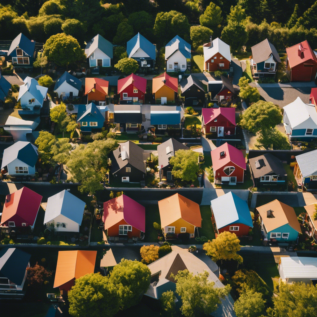 An image showcasing a diverse community sharing tools, skills, and knowledge, symbolized by a vibrant network of interconnected tiny houses