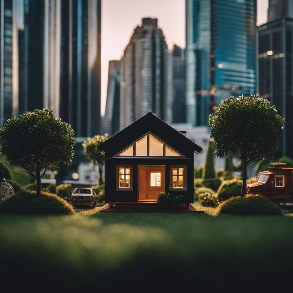 An image that showcases a tiny house perfectly nestled between towering skyscrapers, symbolizing the triumph of the tiny house movement in overcoming land barriers