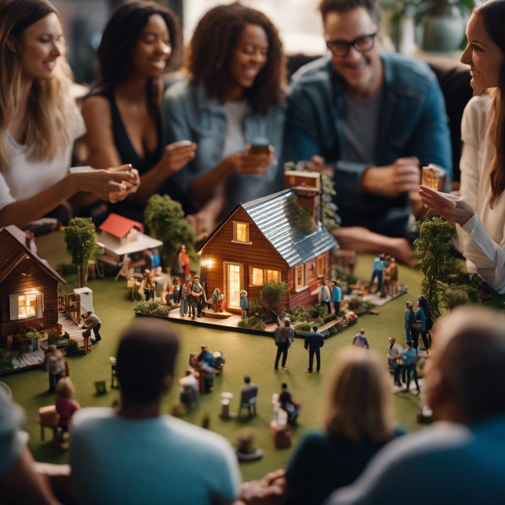 An image that depicts a diverse group of people gathered around a miniature house, engaging in passionate discussions, planning, and collaborating on ways to promote and advocate for the tiny house revolution within their community