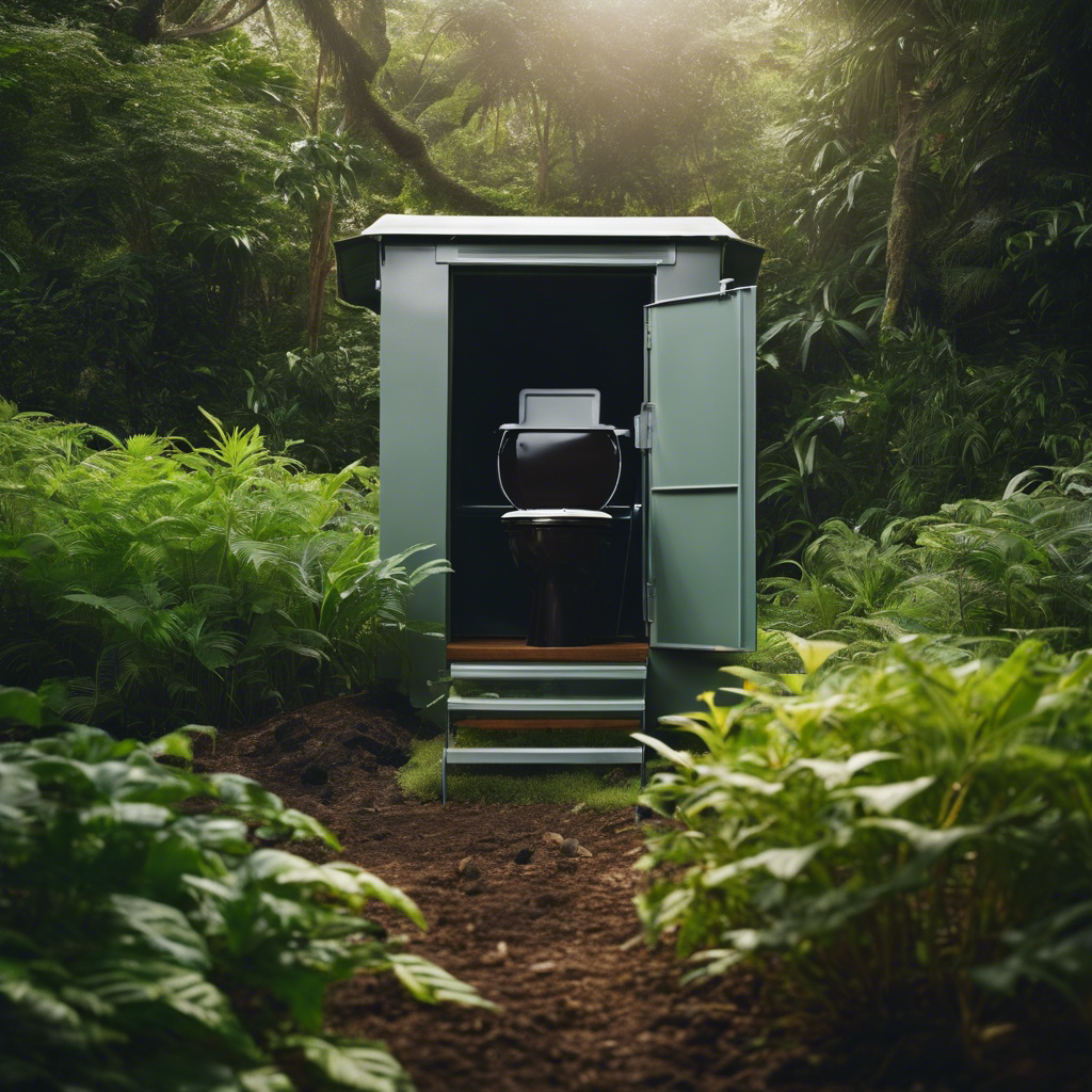 An image depicting a serene outdoor scene with a composting toilet in the foreground, surrounded by lush greenery