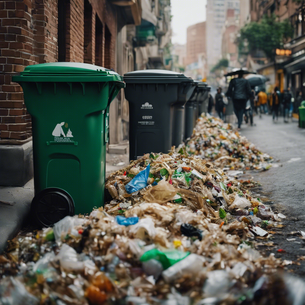 An image depicting a bustling city street with overflowing trash cans, where people struggle to dispose of their biodegradable plastic waste alongside other challenges faced by composting toilets