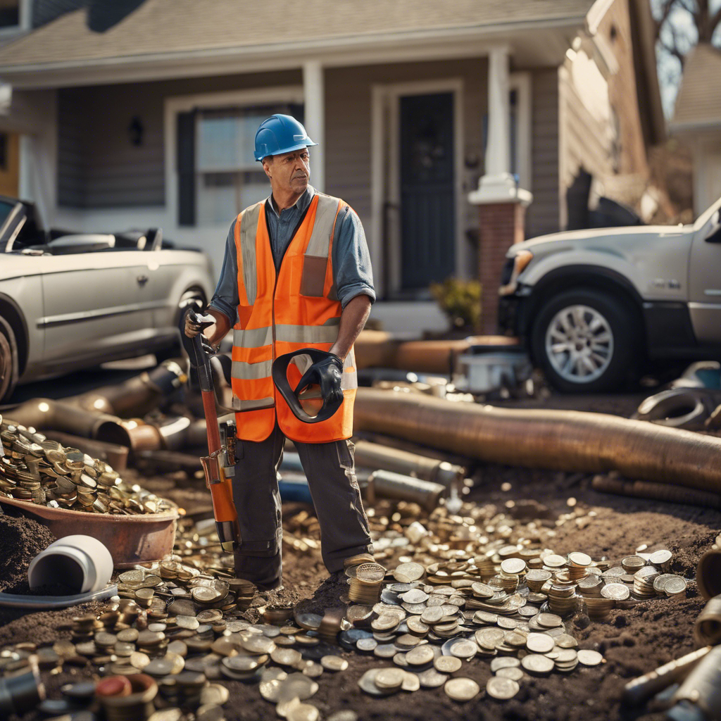An image that depicts a frustrated homeowner standing next to a broken sewer line, surrounded by piles of money and various plumbing tools, symbolizing the high costs and challenges associated with sewer line repairs
