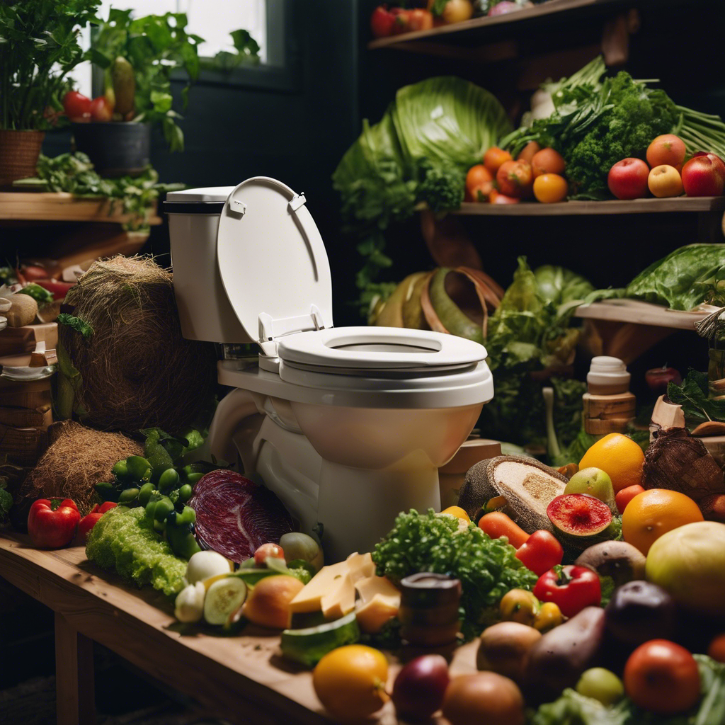 An image showcasing a composting toilet surrounded by a variety of food items, ranging from fruits and vegetables to meats and dairy products