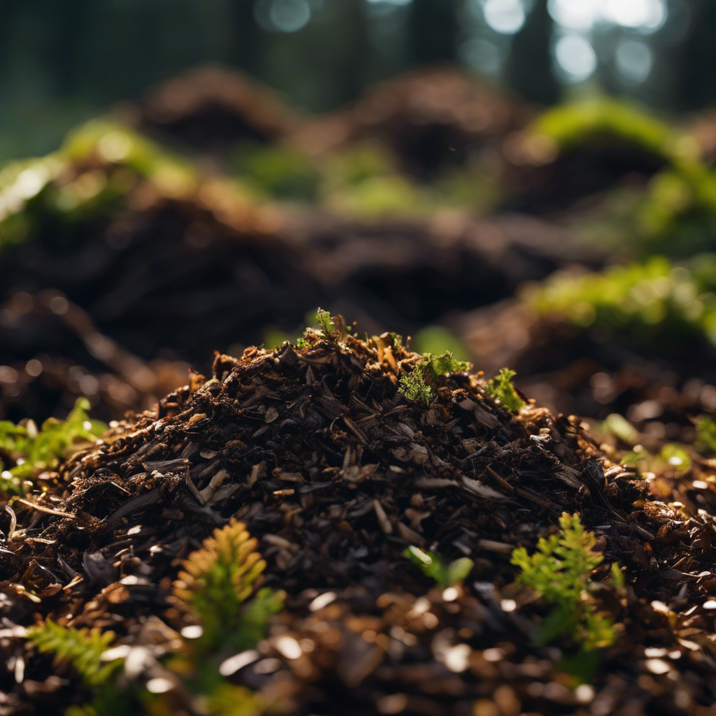 An image featuring a split-screen view: on one side, a pile of pine bedding decomposing slowly and emitting odor; on the other side, a thriving compost pile enriched with peat moss, showcasing an earthy, dark, and nutrient-rich mix