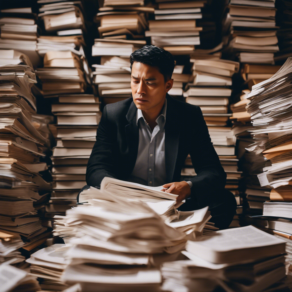 An image of a person surrounded by stacks of books and papers, frantically searching for information on composting toilets