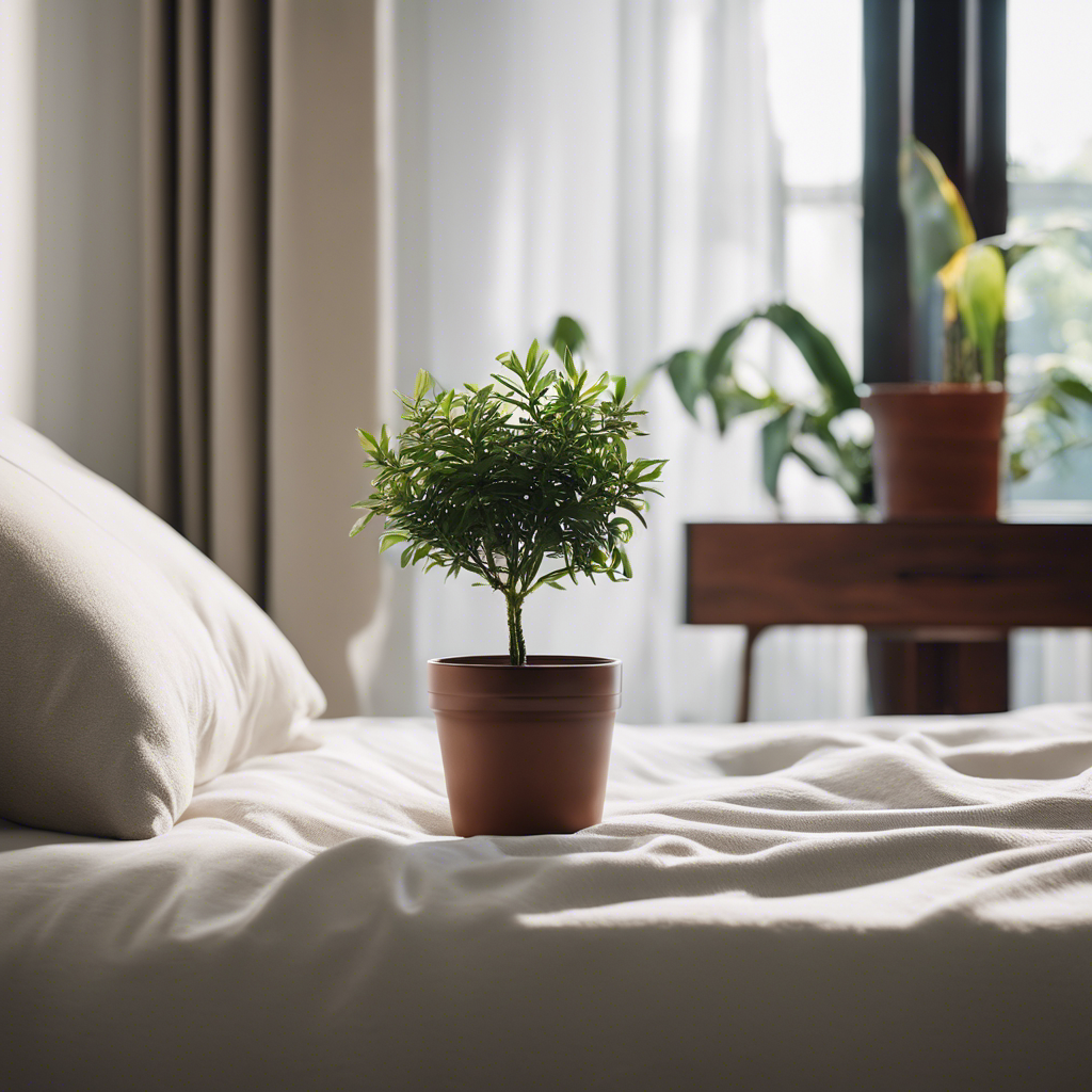 An image showcasing a serene minimalist bedroom with uncluttered surfaces, a neatly made bed, and a single potted plant, emanating a sense of calm and freedom from material possessions