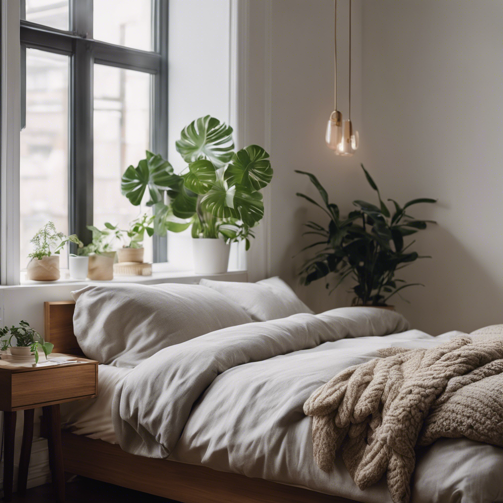 An image showcasing a serene, minimalist bedroom: a clutter-free space with a cozy, uncluttered bed, a few carefully curated decor items, and a single plant, emanating a sense of calm and intentional living