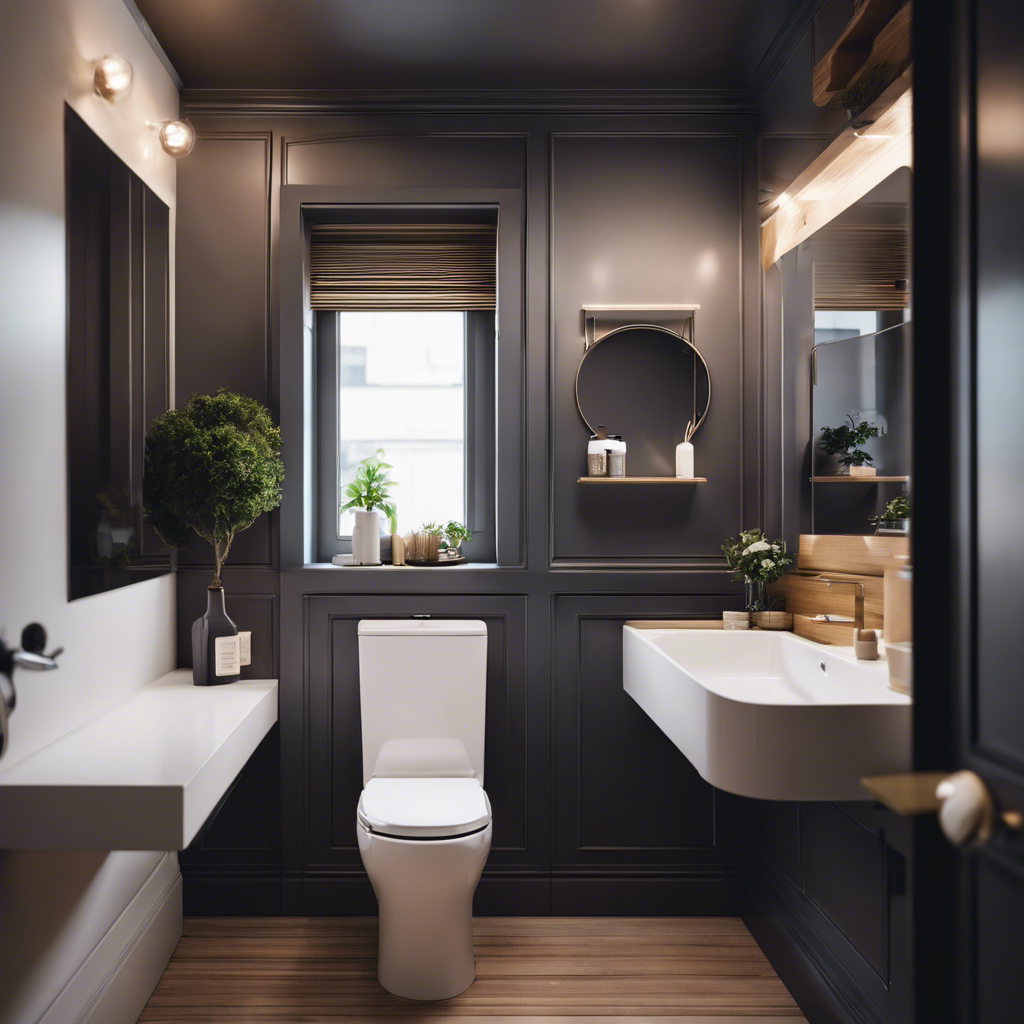 An image showcasing a cleverly designed tiny bathroom, featuring a compact vanity with a built-in mirror, wall-mounted storage shelves, a space-saving corner shower, and a foldable toilet seat