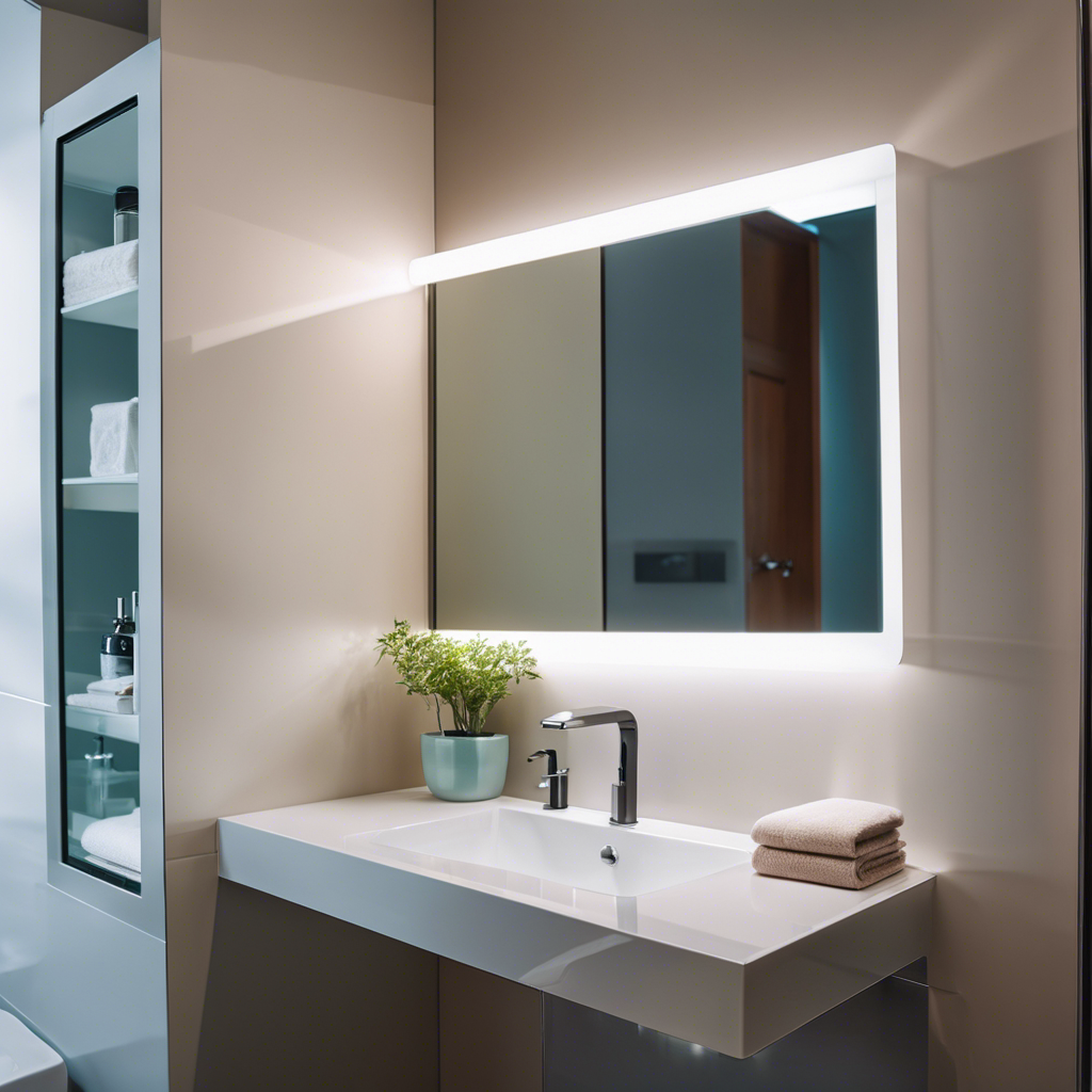 An image that showcases a cleverly designed tiny bathroom, featuring a space-saving corner sink with a mirrored medicine cabinet above, a compact toilet tucked beneath a floating shelf, and a glass-enclosed shower with a built-in storage niche