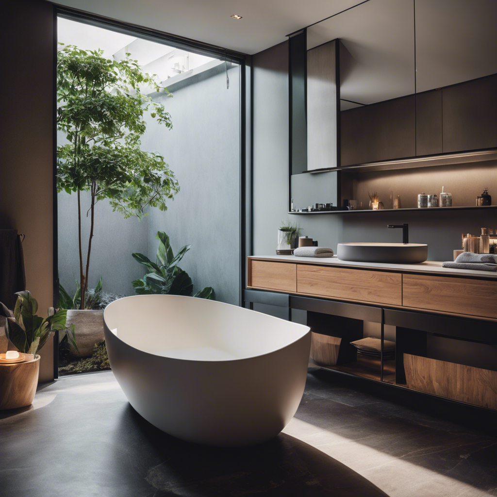 An image showcasing a compact bathroom space, utilizing materials like glass, mirrors, and lightweight stone to maximize functionality
