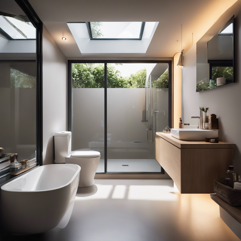 An image showcasing a tiny bathroom design with clever space-saving solutions, such as a compact vanity with ample storage, a wall-mounted toilet, and a glass shower enclosure, all bathed in natural light from a strategically placed skylight