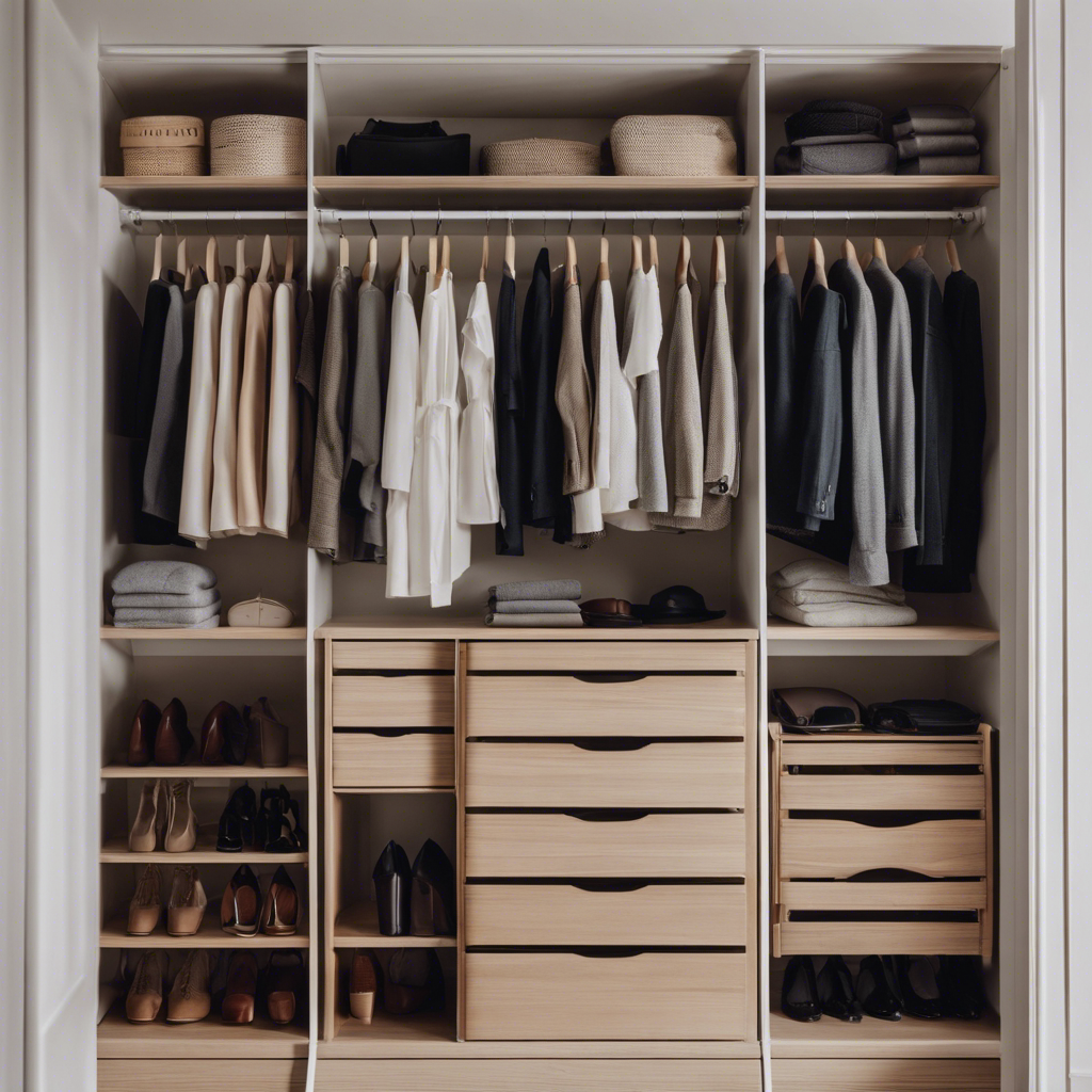 An image of a clean and organized closet, showcasing a limited collection of timeless clothing essentials neatly arranged on wooden hangers