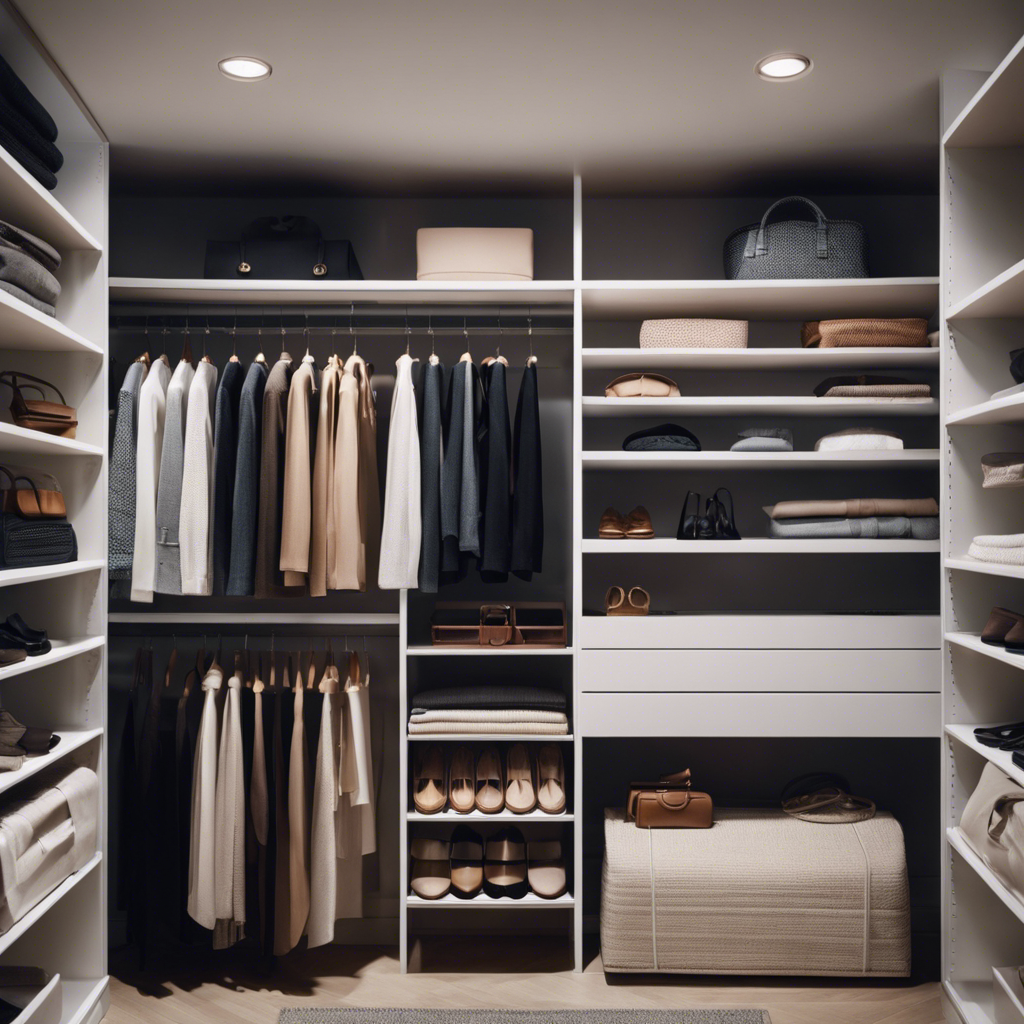 An image showcasing a perfectly organized closet, with a minimalistic color palette, neatly folded clothes, and a few carefully selected accessories