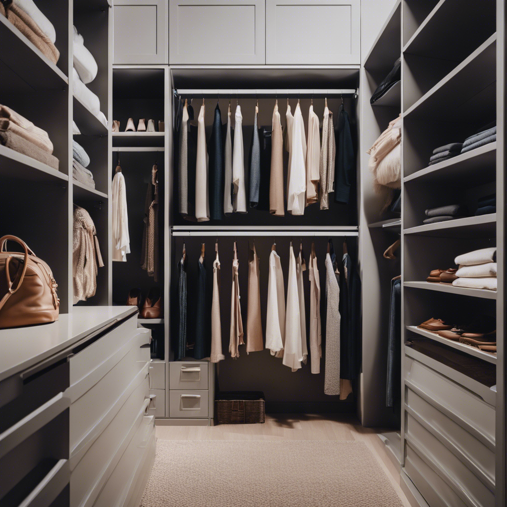 An image showcasing a perfectly organized, minimalistic closet with color-coordinated clothing neatly folded and arranged by category
