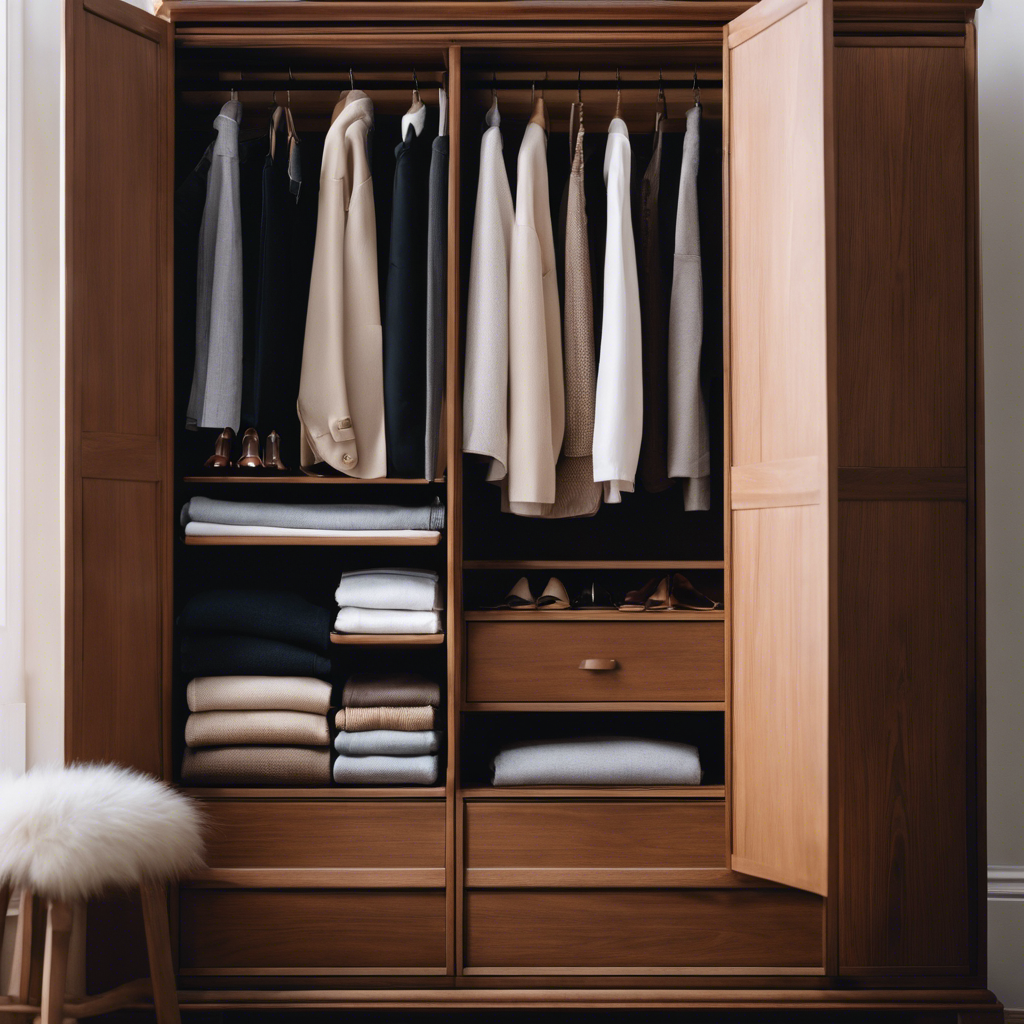  an elegant wooden wardrobe, open to reveal a perfectly organized collection of timeless essentials