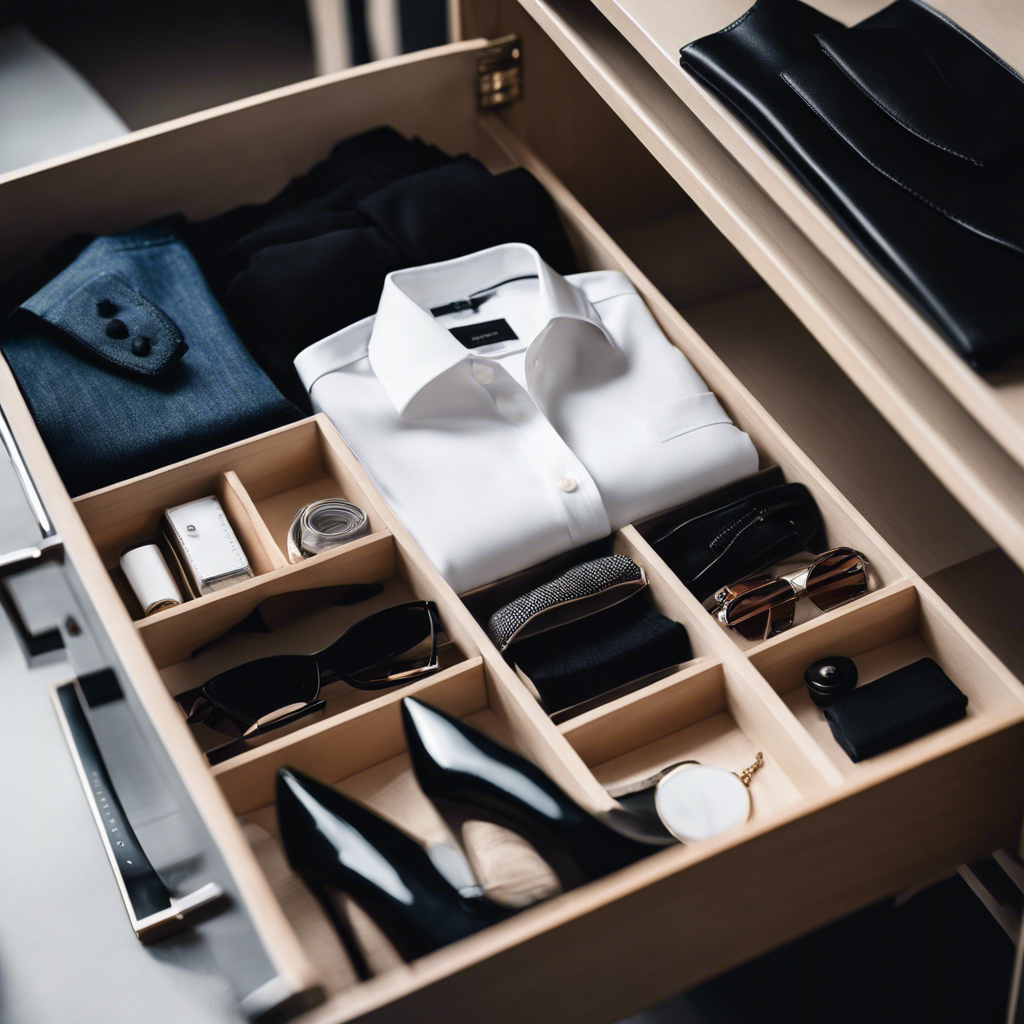 An image showcasing a neatly organized drawer with a minimalist selection of versatile clothing essentials